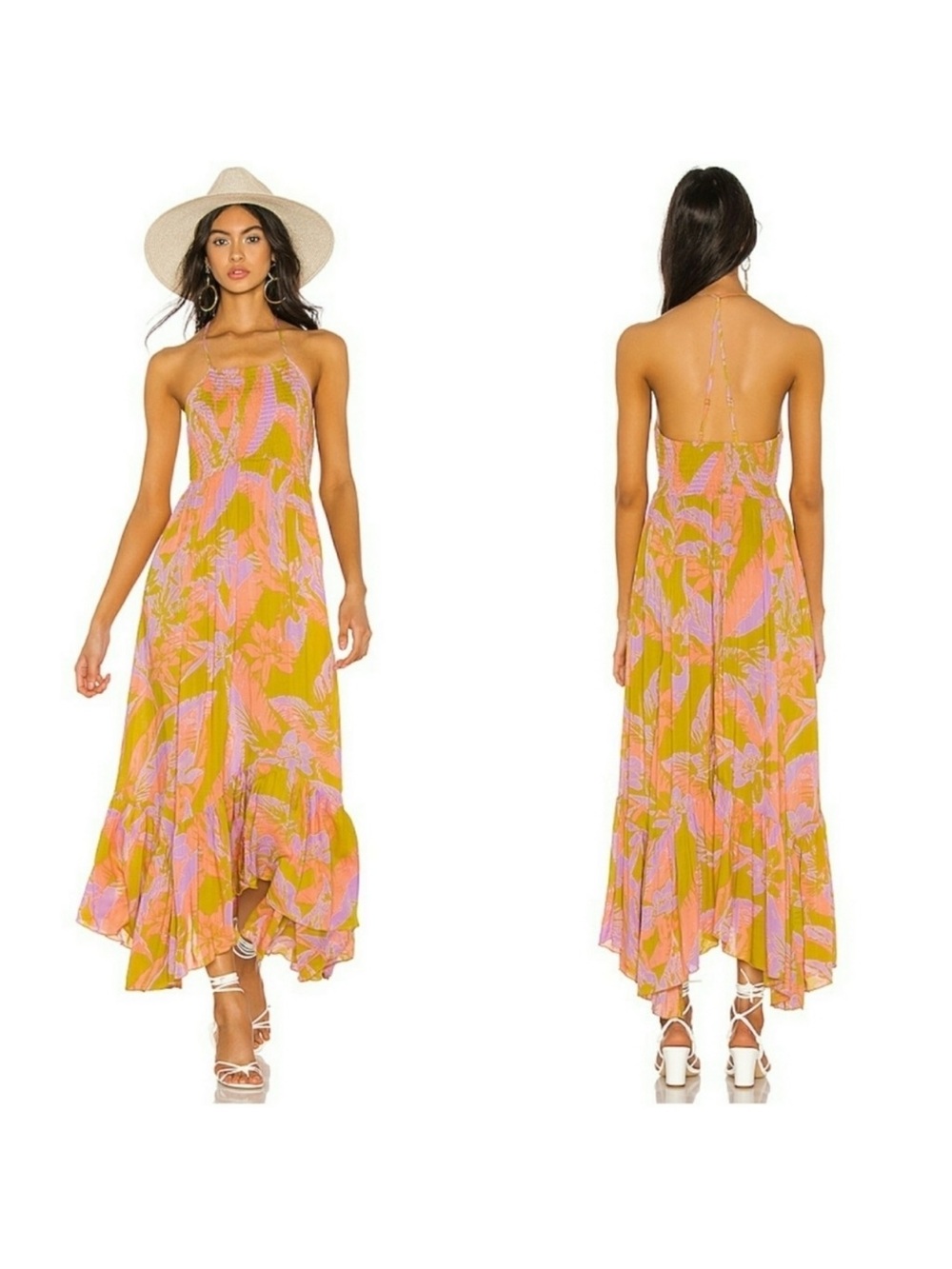 Free people Pink & Mustard Floral Halter Smocked Maxi heat wave dress